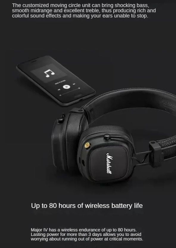 Marshall Major IV Bluetooth sluchátka, klasická estetika, signaturní zvuk, hluboké basy, bezdrátové nabíjení