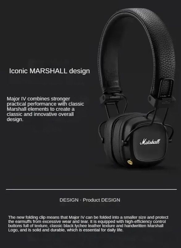 Marshall Major IV Bluetooth sluchátka, klasická estetika, signaturní zvuk, hluboké basy, bezdrátové nabíjení
