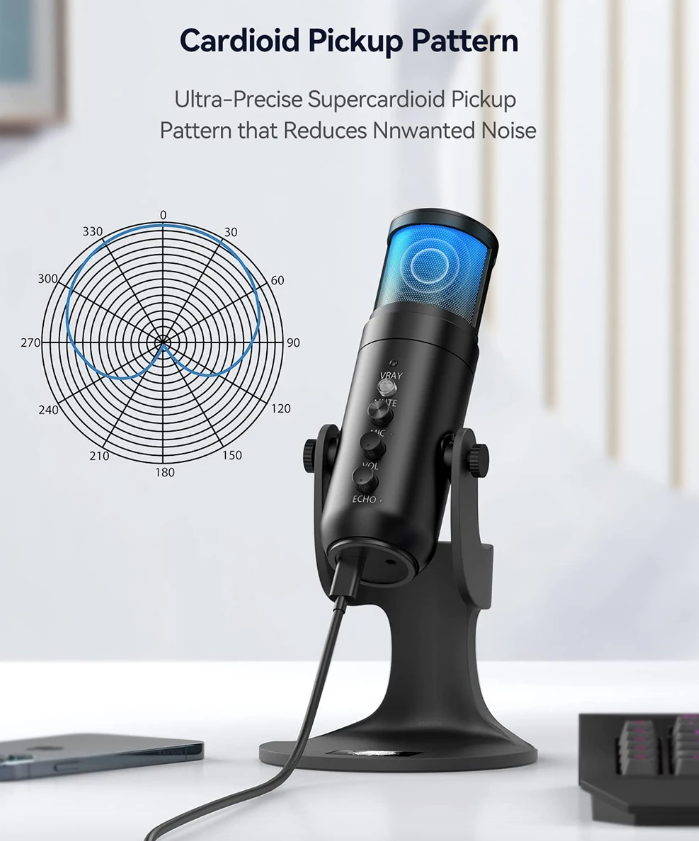 MU900PRO RGB USB Profesionální Stream/Gaming Mikrofon s Dynamickým RGB Podsvícením pro Tvůrce Obsahu, Vysoká Kvalita Zvuku