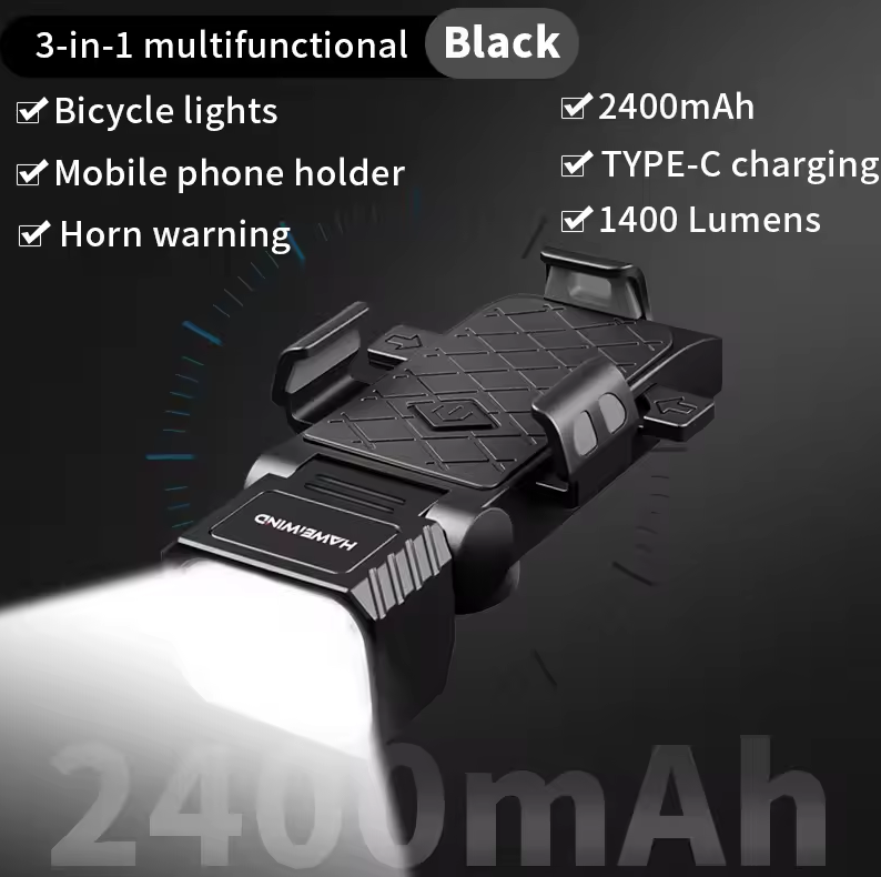 Bezpečně s námi! Multifunkční světlo na kolo s klaksonem a držákem telefonu na kolo | USB-C