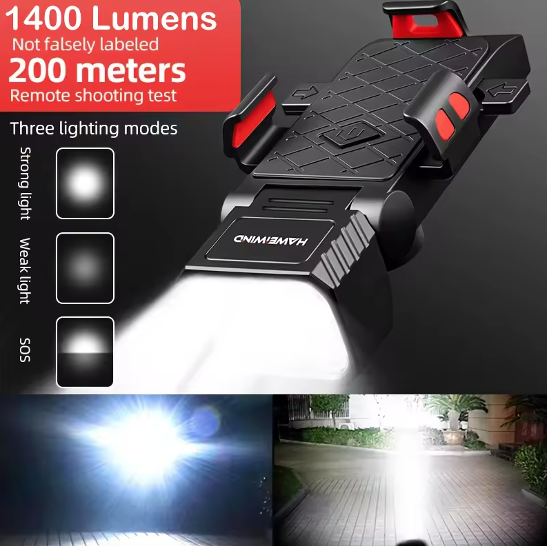 Bezpečně s námi! Multifunkční světlo na kolo s klaksonem a držákem telefonu na kolo | USB-C