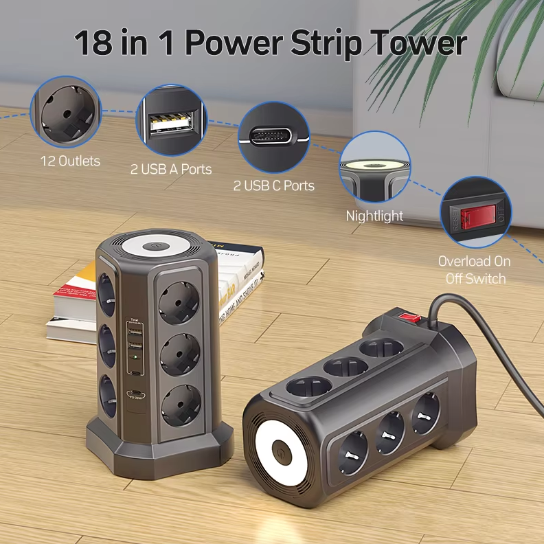 XT-G3211 EU Přepěťová ochrana 4000W 16A, Prodlužovací kabel s USB A/C a nočním světlem pro domácnost/kancelář