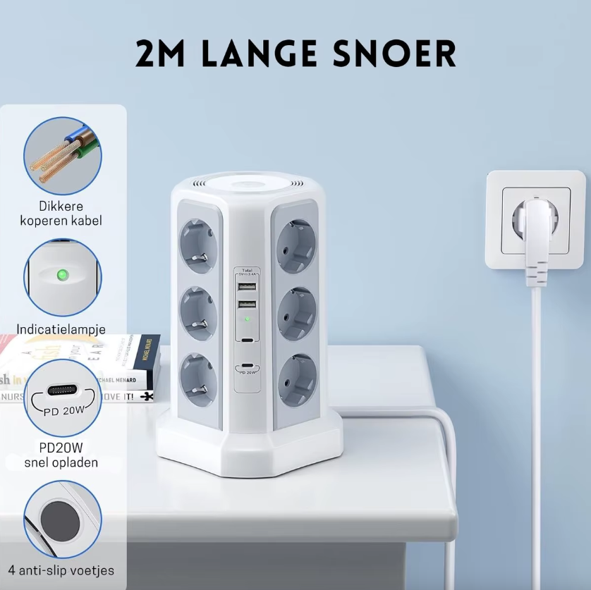 XT-G3211 EU Přepěťová ochrana 4000W 16A, Prodlužovací kabel s USB A/C a nočním světlem pro domácnost/kancelář