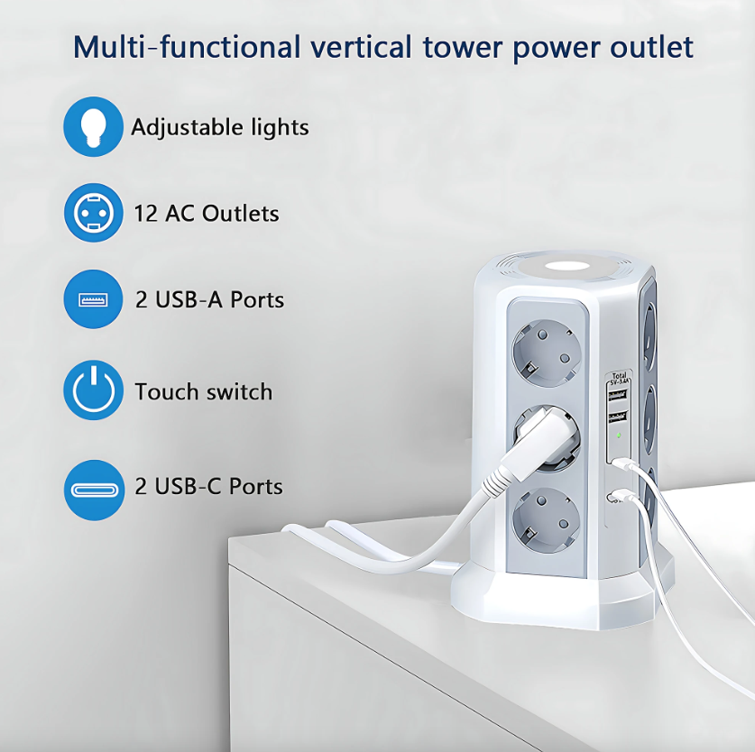 XT-G3211 EU Přepěťová ochrana 4000W 16A, Prodlužovací kabel s USB A/C a nočním světlem pro domácnost/kancelář