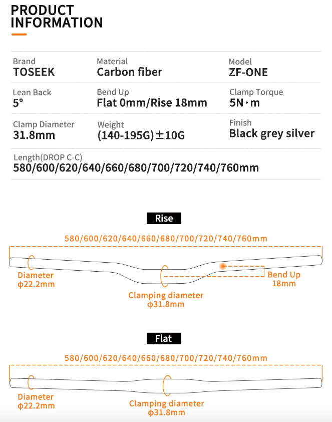 TOSEEK ZF-ONE MTB Karbonové řídítka 31.8mm Lehké Matná černá 580mm 760mm Ergonomický design Prémiová kvalita
