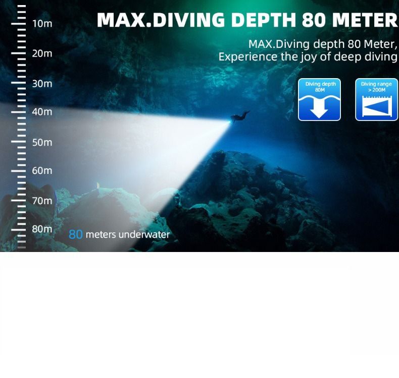 P70 Potápěčské Světlo 5000lm, Super Jasné, IPX8 Vodotěsné do 200m | Ideální pro Noční Potápění