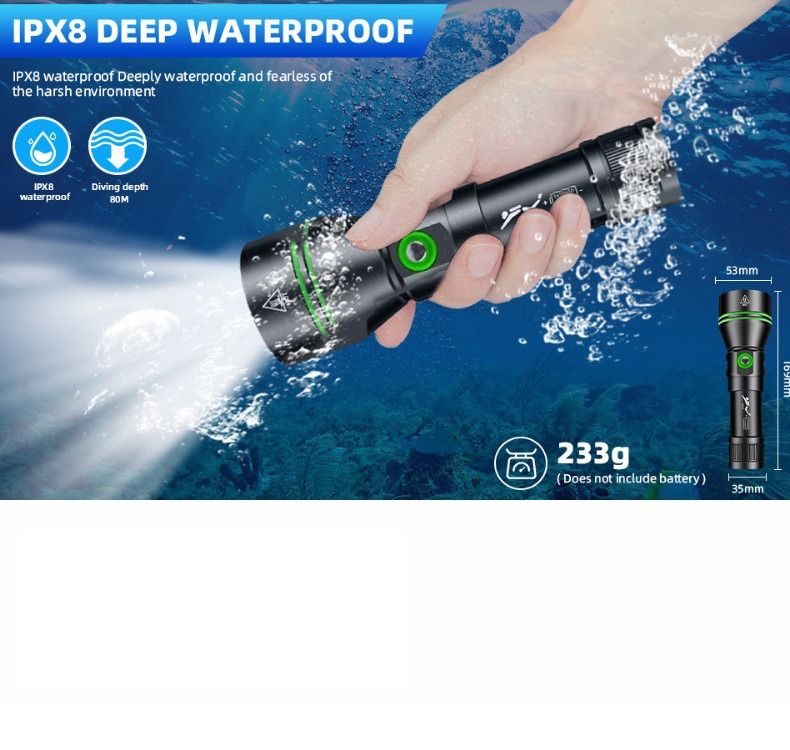 P70 Potápěčské Světlo 5000lm, Super Jasné, IPX8 Vodotěsné do 200m | Ideální pro Noční Potápění