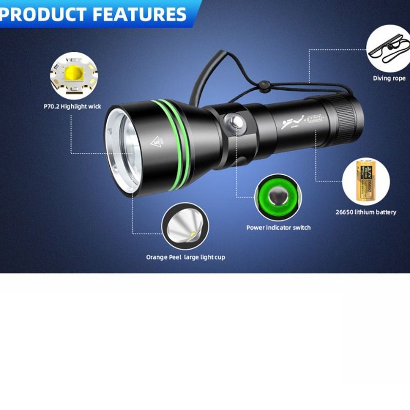 P70 Potápěčské Světlo 5000lm, Super Jasné, IPX8 Vodotěsné do 200m | Ideální pro Noční Potápění