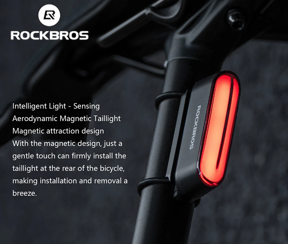 ROCKBROS Magnetické zadní světlo na kolo, IPX6 vodotěsné, 7 režimů, inteligentní senzor pro noční bezpečnostní varování