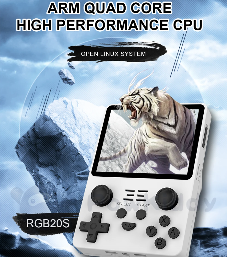 POWKIDDY RGB20S retro kapesní herní konzole, RK3326, 3,5" IPS displej, emulátory PS1 – přenosné hraní
