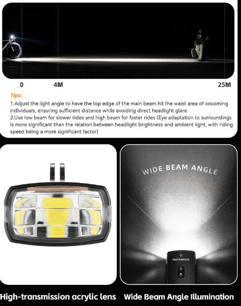 ROCKBROS RHL3000 Cyklistické světlo 3000 lumenů LED přední světlo s baterií 10000 mAh, voděodolné, pro MTB a silniční cyklistiku, odolné