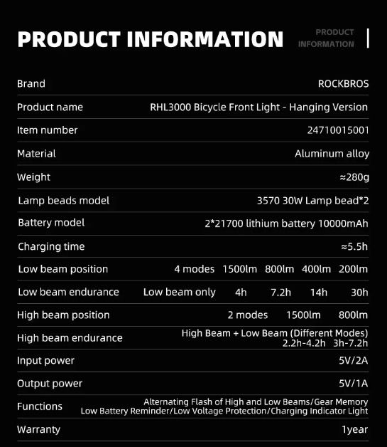 ROCKBROS RHL3000 Cyklistické světlo 3000 lumenů LED přední světlo s baterií 10000 mAh, voděodolné, pro MTB a silniční cyklistiku, odolné