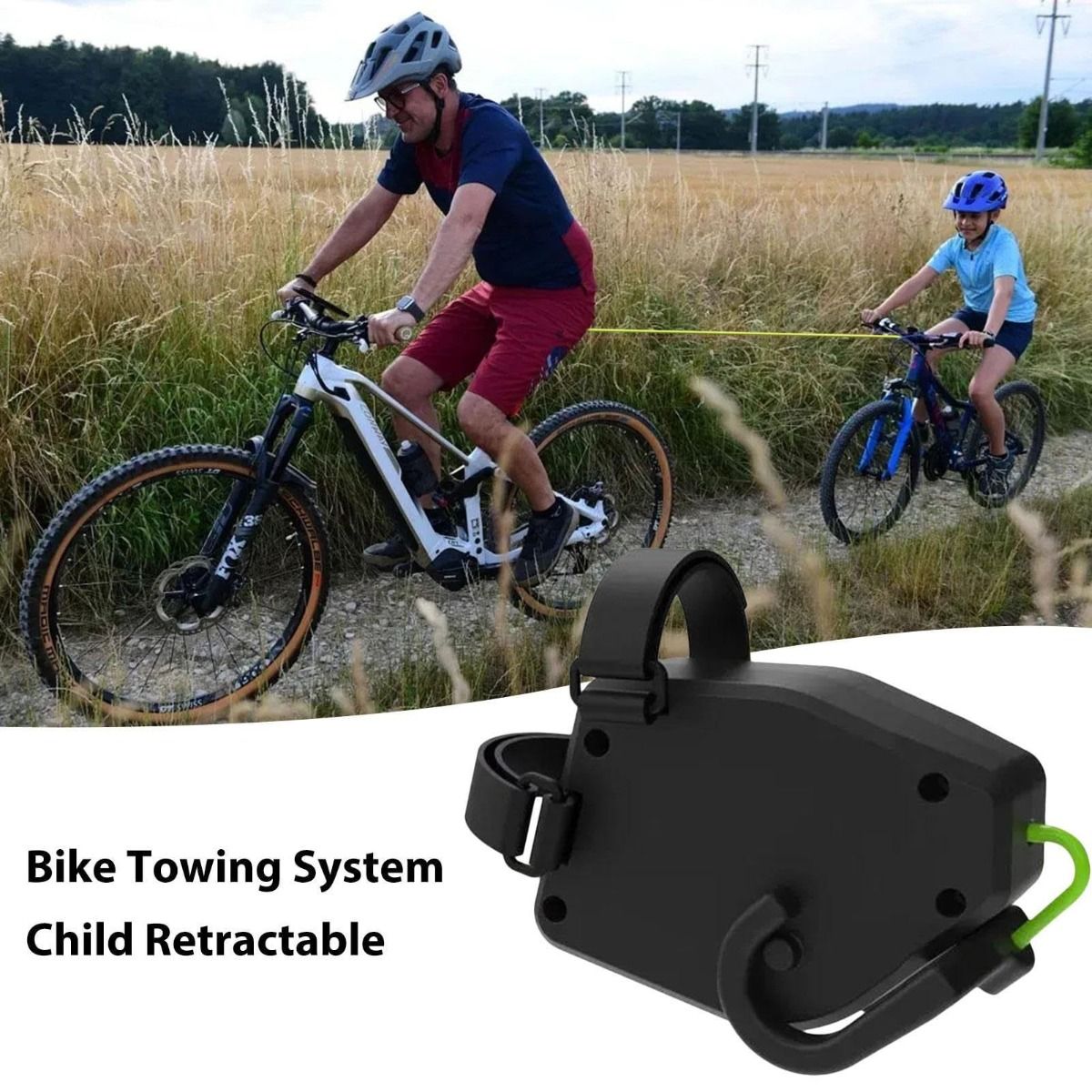 Ohebné výsuvné tažné lano na kolo pro děti, horskou cyklistiku a rodinná dobrodružství – snadné nastavení.