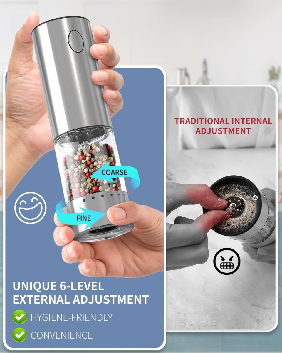 Dobíjecí elektrický mlýnek na sůl a pepř | Nerez sada s 2 rychlostmi a základnou, 190ml