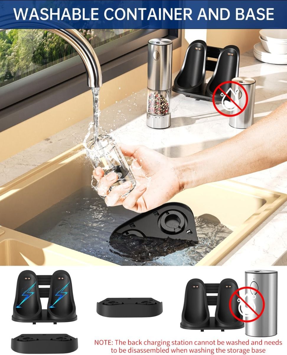 Dobíjecí elektrický mlýnek na sůl a pepř | Nerez sada s 2 rychlostmi a základnou, 190ml