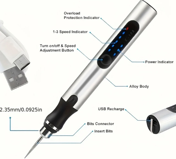 USB nabíjecí rycí pero s 35 bity, mini elektrická rycí a leptací zařízení, bezdrátové rotační nástroje pro rytí šperků, kamene, kovu, plastu, dřeva, pryskyřice a modelů