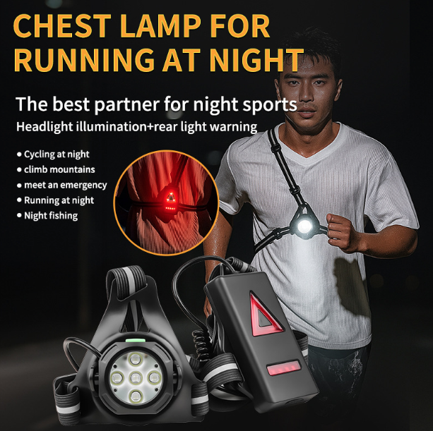 LED hrudní světlo pro bezpečný noční běh | Ultra jasné 500lm, vodotěsné, dobíjecí s 90° nast. úhlem