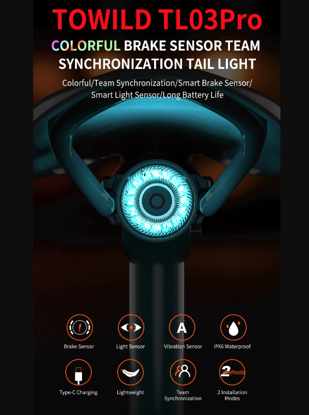 TOWILD TL03Pro LED Zadní Světlo na Kolo - Dobíjecí Bezpečnostní Světlo s Brzdovým Senzorem a 7 Barvami