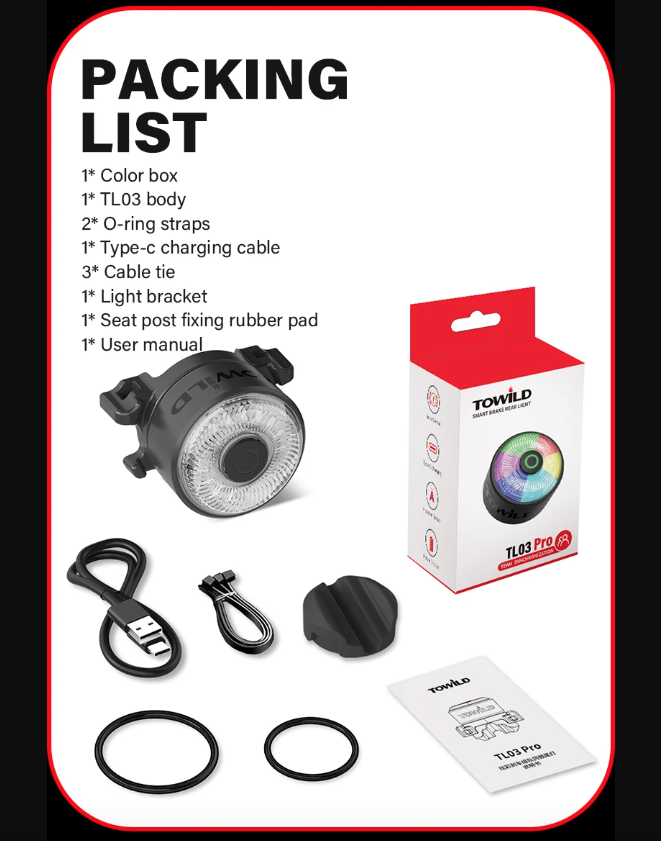 TOWILD TL03Pro LED Zadní Světlo na Kolo - Dobíjecí Bezpečnostní Světlo s Brzdovým Senzorem a 7 Barvami