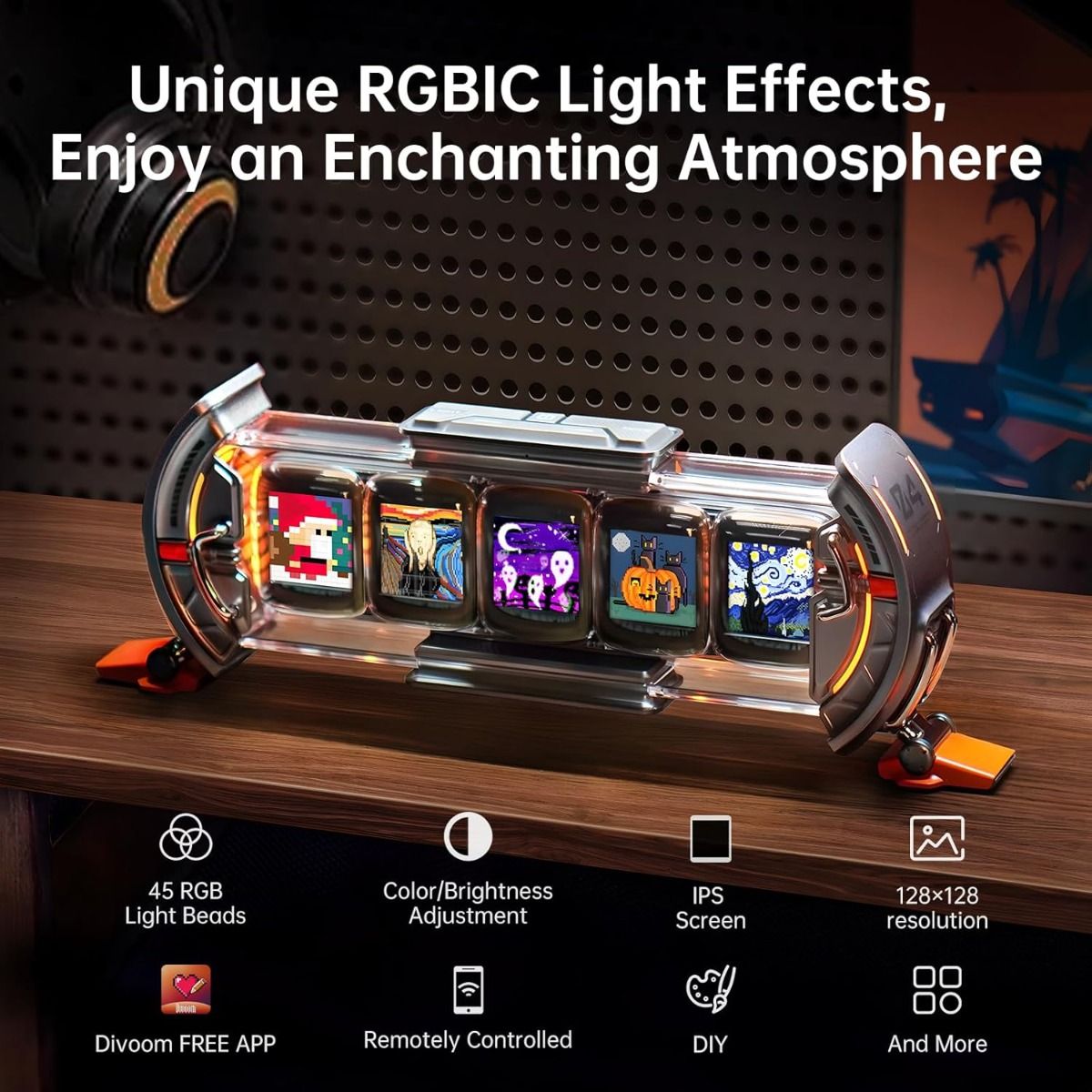 Divoom Times Gate Cyberpunk Budík pro hráče: RGB LED, Pixel Art, Bitcoin/Akcie, Wi-Fi, Chytrá Appka