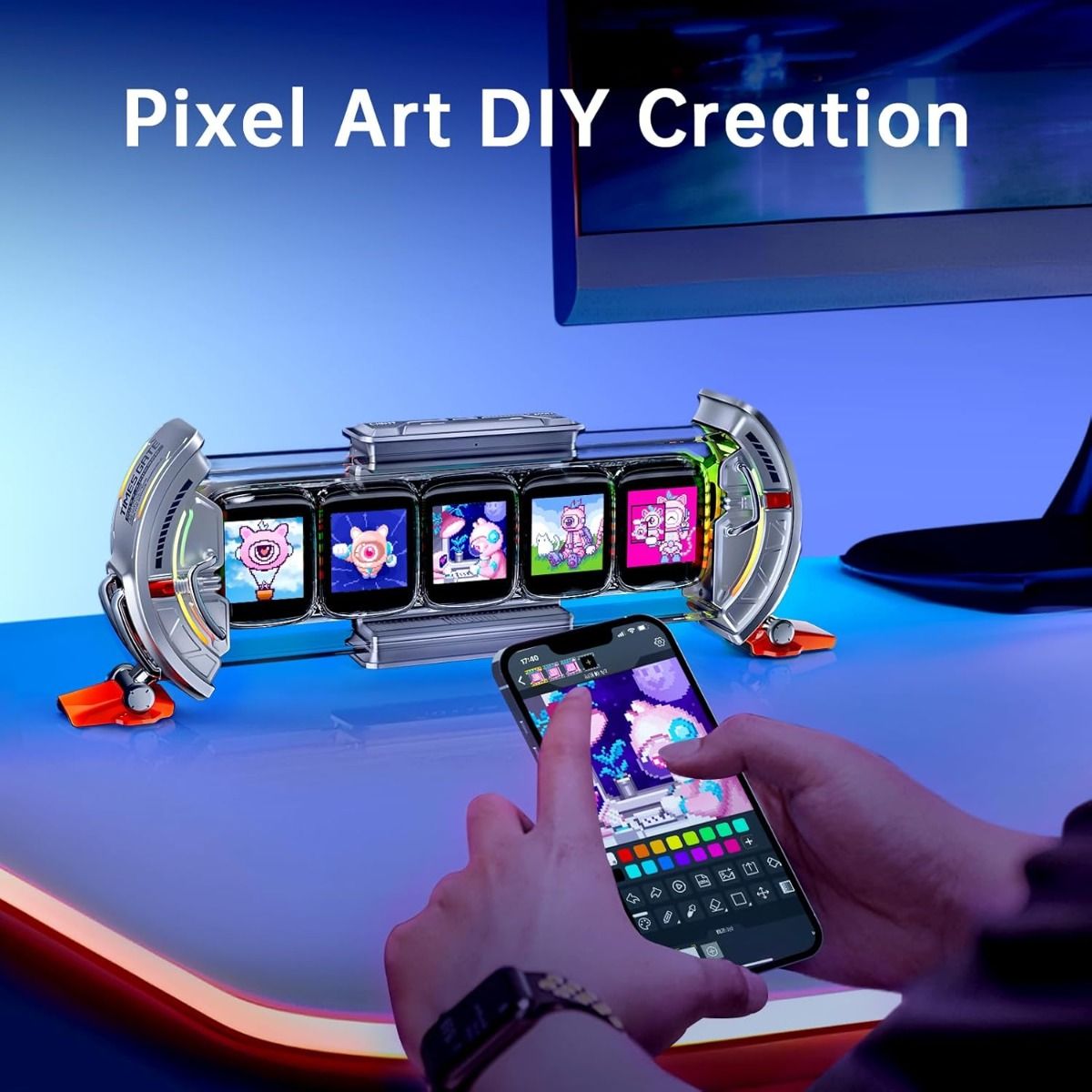 Divoom Times Gate Cyberpunk Budík pro hráče: RGB LED, Pixel Art, Bitcoin/Akcie, Wi-Fi, Chytrá Appka