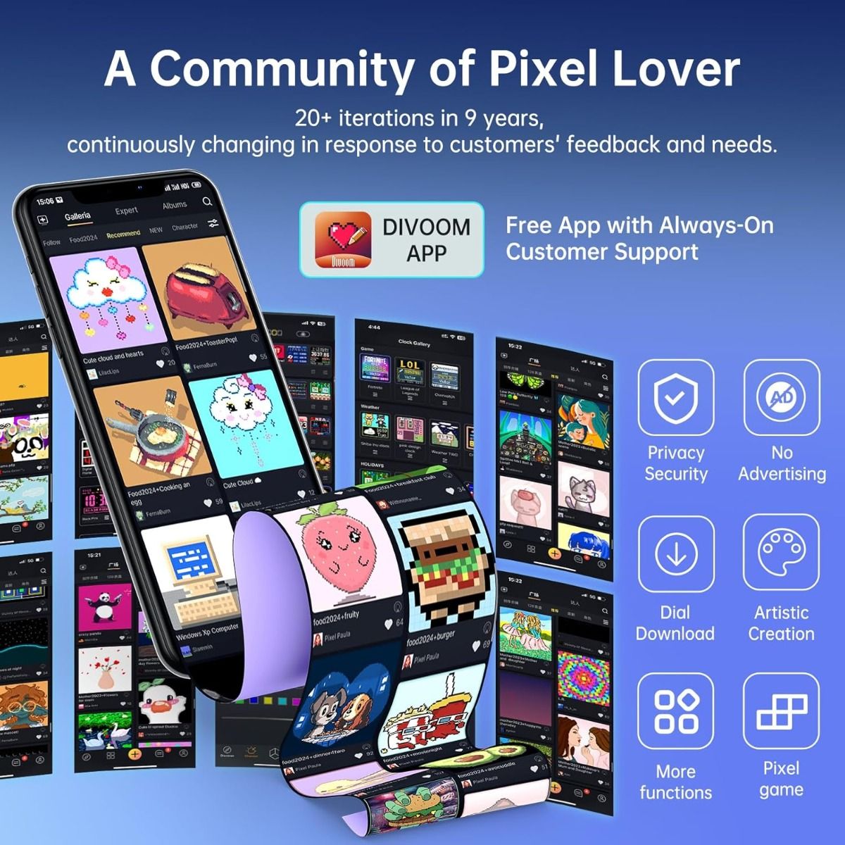 Divoom Times Gate Cyberpunk Budík pro hráče: RGB LED, Pixel Art, Bitcoin/Akcie, Wi-Fi, Chytrá Appka