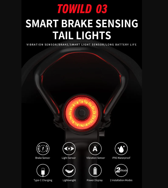 TOWILD TL03 Chytré LED Cyklo Zadní Světlo s Brzdovým Senzorem pro Bezpečnost a Viditelnost na Kole
