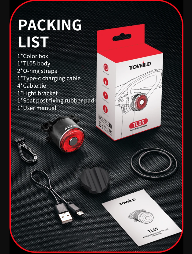TOWILD TL05 zadní světlo s chytrým automatickým snímáním brzdění, vodotěsné IPX6, bezpečnostní světlo na kolo s baterií s výdrží 100 hodin