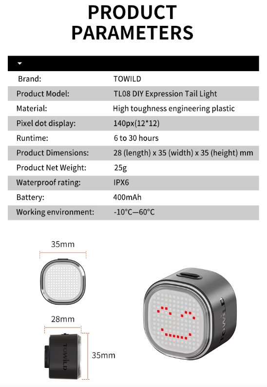 TOWILD TL08 Kolo LED Zadní Světlo USB-C Dobíjecí. Plnobarevné Vzory s Brzdovým Senzorem pro Bezpečnost Cyklistiky. IPX6 Viditelnost