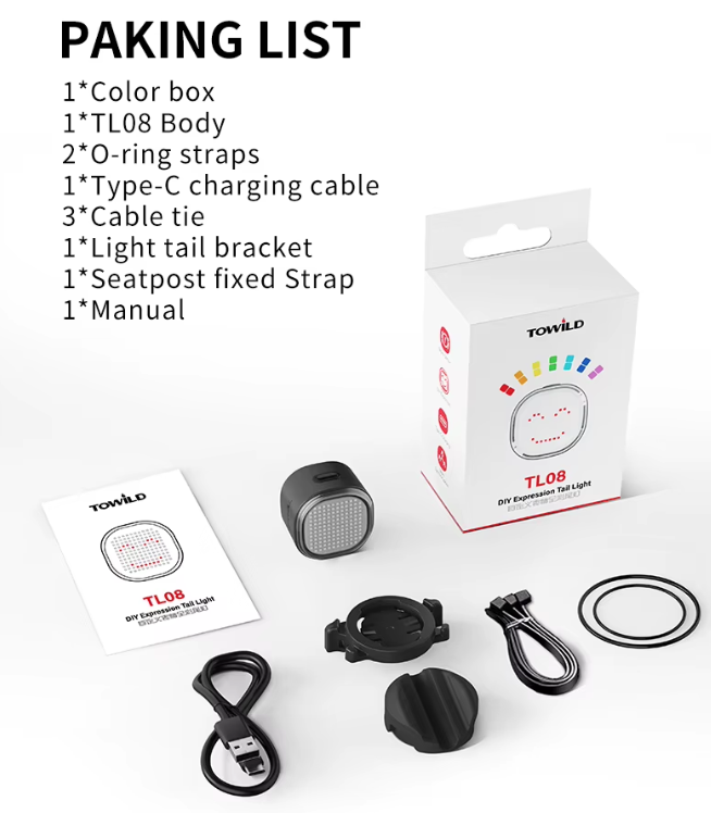 TOWILD TL08 Kolo LED Zadní Světlo USB-C Dobíjecí. Plnobarevné Vzory s Brzdovým Senzorem pro Bezpečnost Cyklistiky. IPX6 Viditelnost