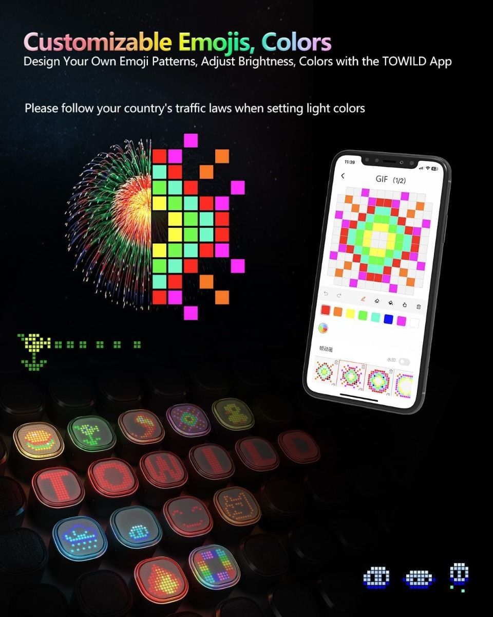 TOWILD TL08 Kolo LED Zadní Světlo USB-C Dobíjecí. Plnobarevné Vzory s Brzdovým Senzorem pro Bezpečnost Cyklistiky. IPX6 Viditelnost