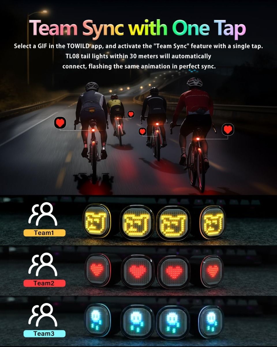 TOWILD TL08 Kolo LED Zadní Světlo USB-C Dobíjecí. Plnobarevné Vzory s Brzdovým Senzorem pro Bezpečnost Cyklistiky. IPX6 Viditelnost