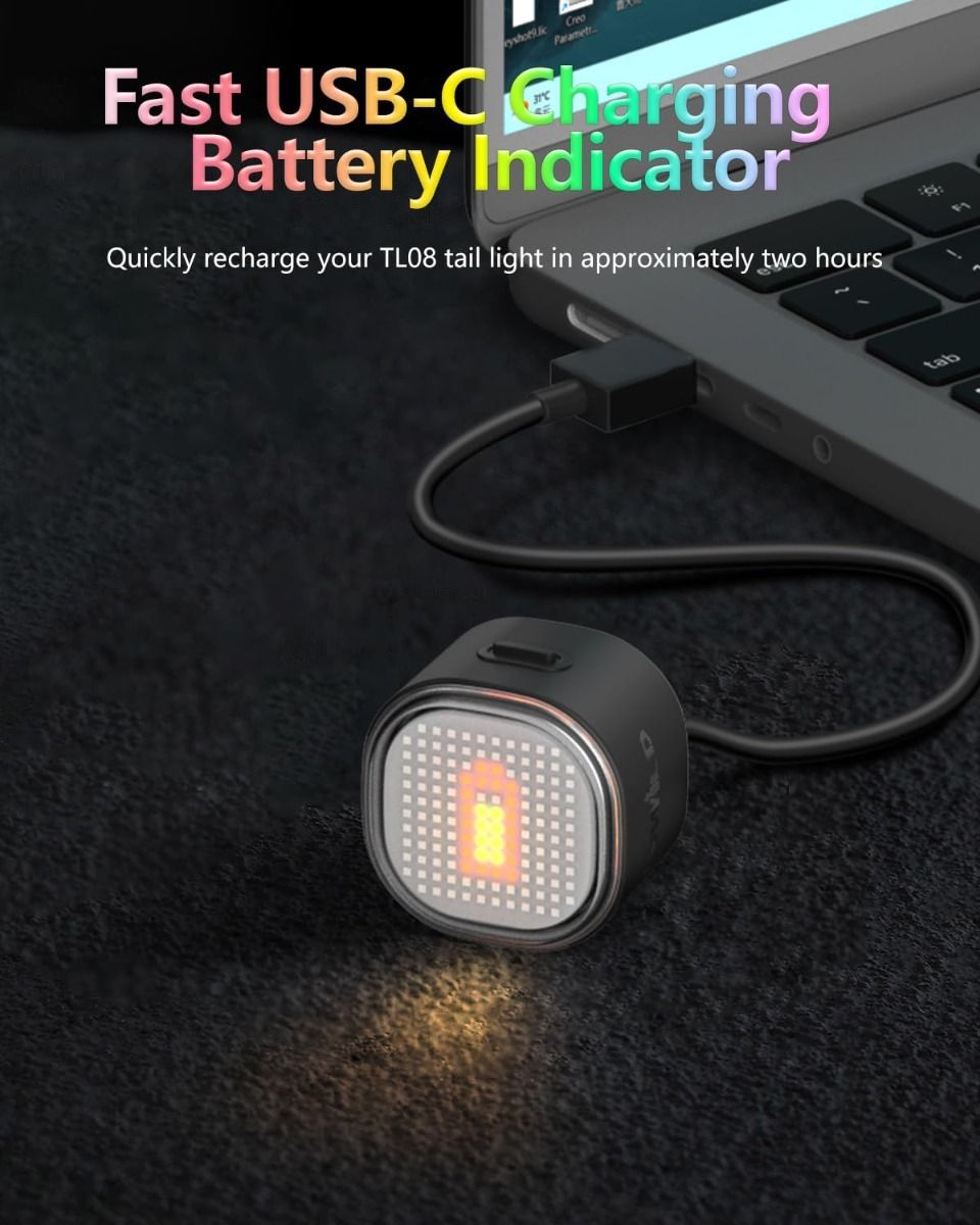 TOWILD TL08 Kolo LED Zadní Světlo USB-C Dobíjecí. Plnobarevné Vzory s Brzdovým Senzorem pro Bezpečnost Cyklistiky. IPX6 Viditelnost