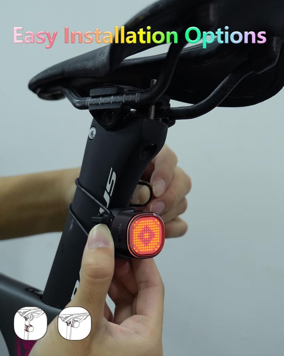 TOWILD TL08 Kolo LED Zadní Světlo USB-C Dobíjecí. Plnobarevné Vzory s Brzdovým Senzorem pro Bezpečnost Cyklistiky. IPX6 Viditelnost