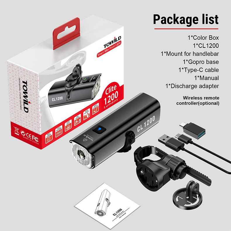 TOWILD CL1200 1200LM Cyklistické světlo USB nabíjecí přední lampa s bezdrátovým dálkovým ovládáním pro bezpečnost při noční cyklistice