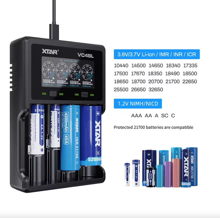 XTAR VC4SL Nabíječka Baterií 18650 21700 USB C s QC3.0 Rychlé Nabíjení a Řízení Energie