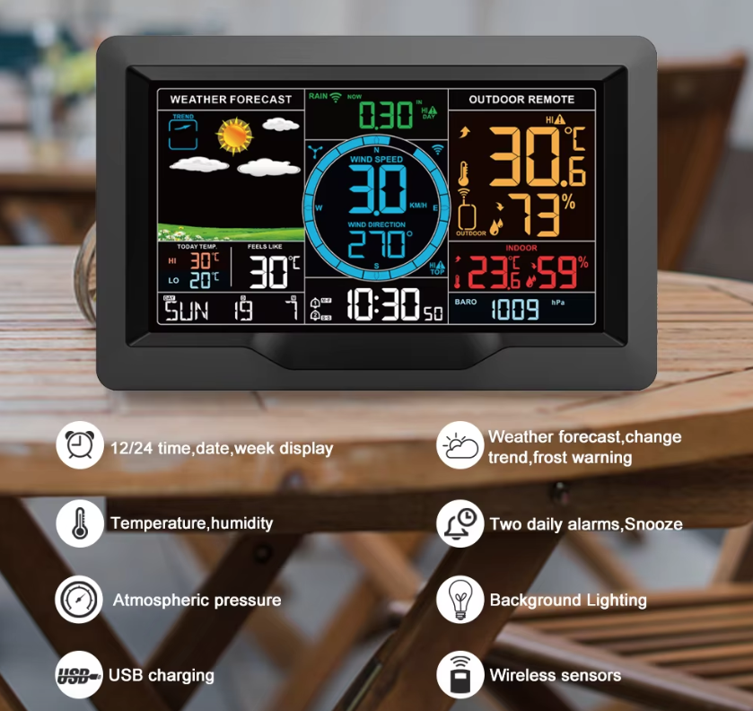 Wi-Fi Meteostanice s 7.5" Barevným Displejem, Solární Bezdrátový Senzor, Teplotní Upozornění, Reálný Čas