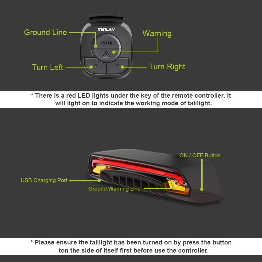 Meilan X5 Chytré zadní světlo na kolo: Blinkry, auto brzda, dálkové ovládání. USB, pro vaši bezpečnost!