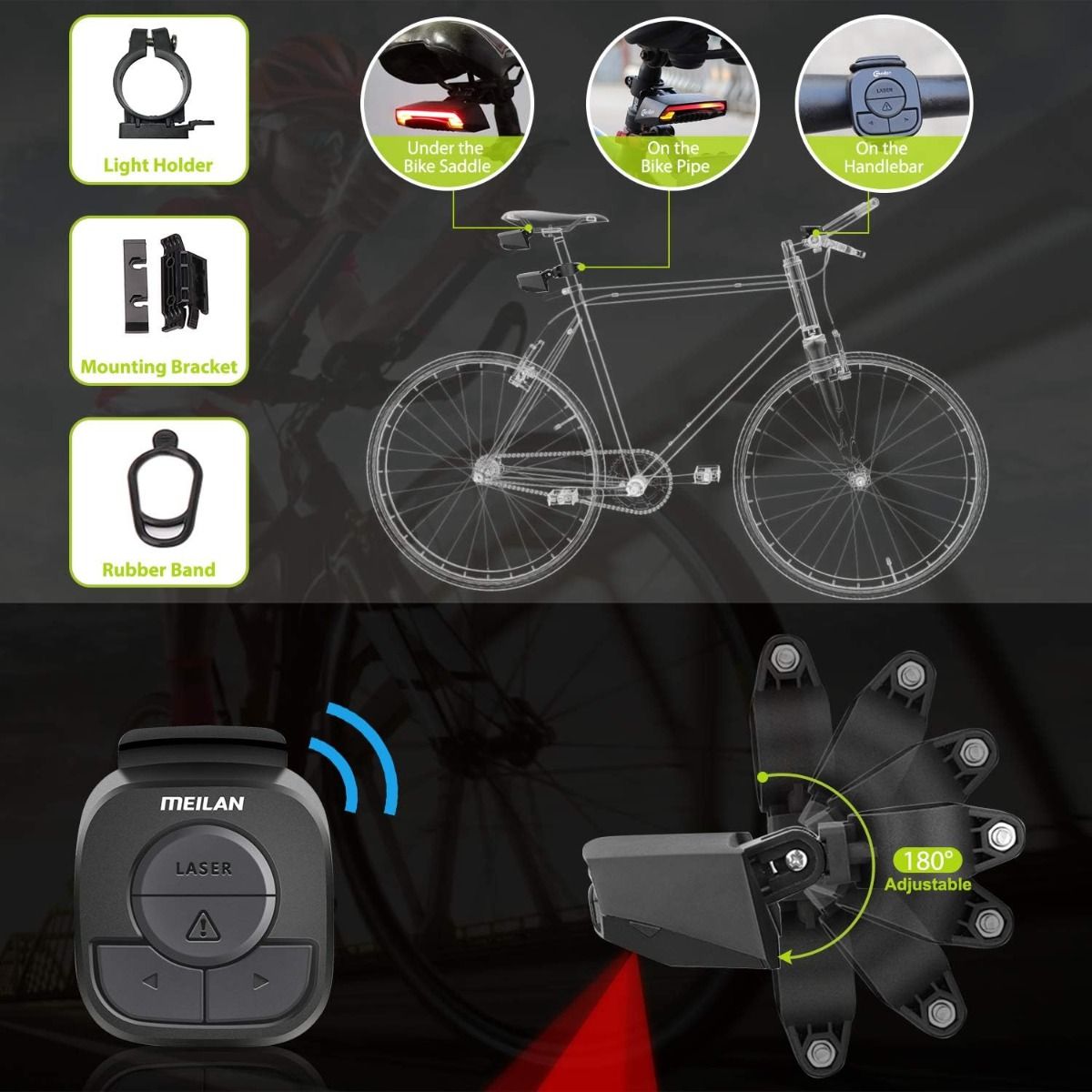 Meilan X5 Chytré zadní světlo na kolo: Blinkry, auto brzda, dálkové ovládání. USB, pro vaši bezpečnost!