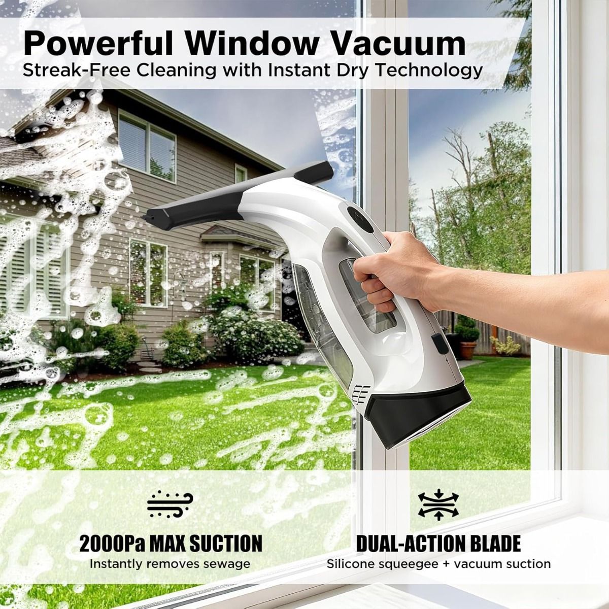 Window Vacuum Squeegee Cordless, 2000Pa Electric Window Cleaner Tool with 2200mAh & 150ml Water Collection Tank, Cleaning Kit Shower Squeegee for Glass Doors, Tiles, Mirrors