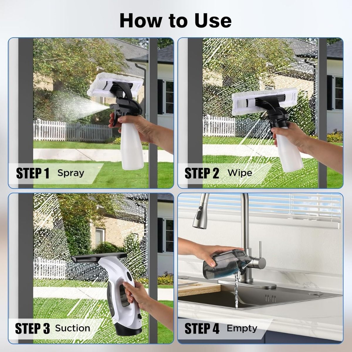 Window Vacuum Squeegee Cordless, 2000Pa Electric Window Cleaner Tool with 2200mAh & 150ml Water Collection Tank, Cleaning Kit Shower Squeegee for Glass Doors, Tiles, Mirrors