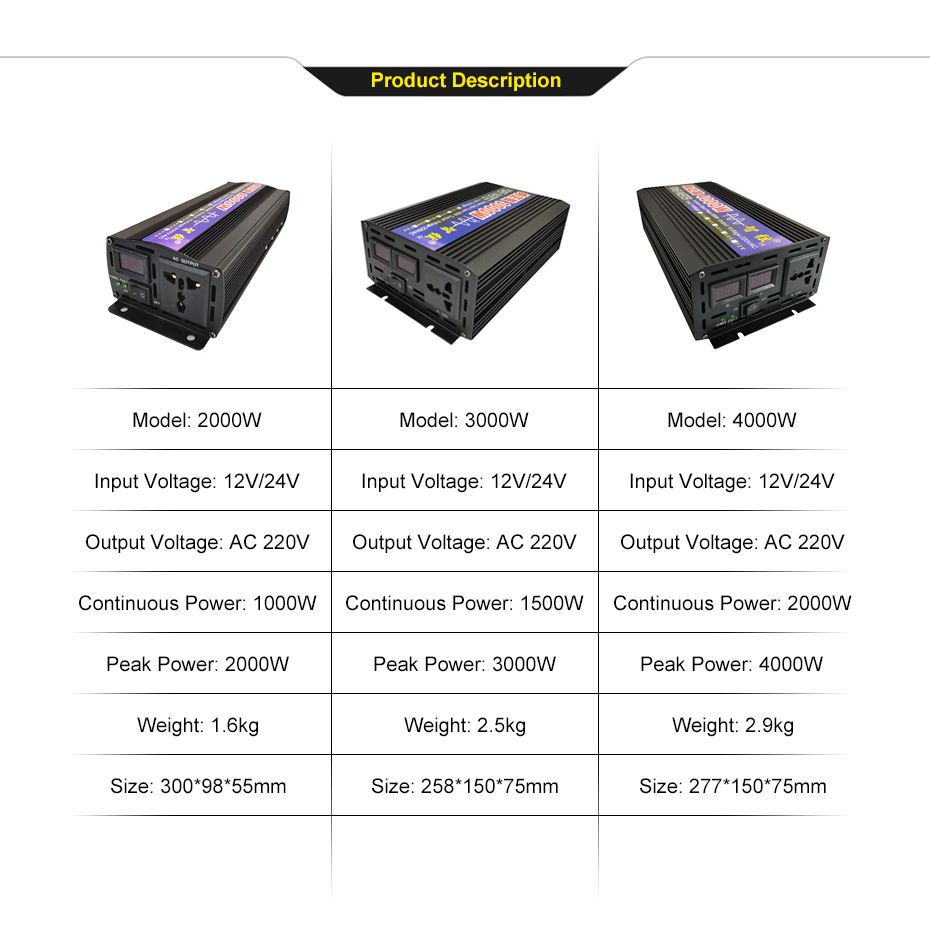 Střídač čistého sinusového průběhu 2000W 3000W 4000W s LED displejem pro citlivou elektroniku, záložní zdroj pro domácnost a kempování